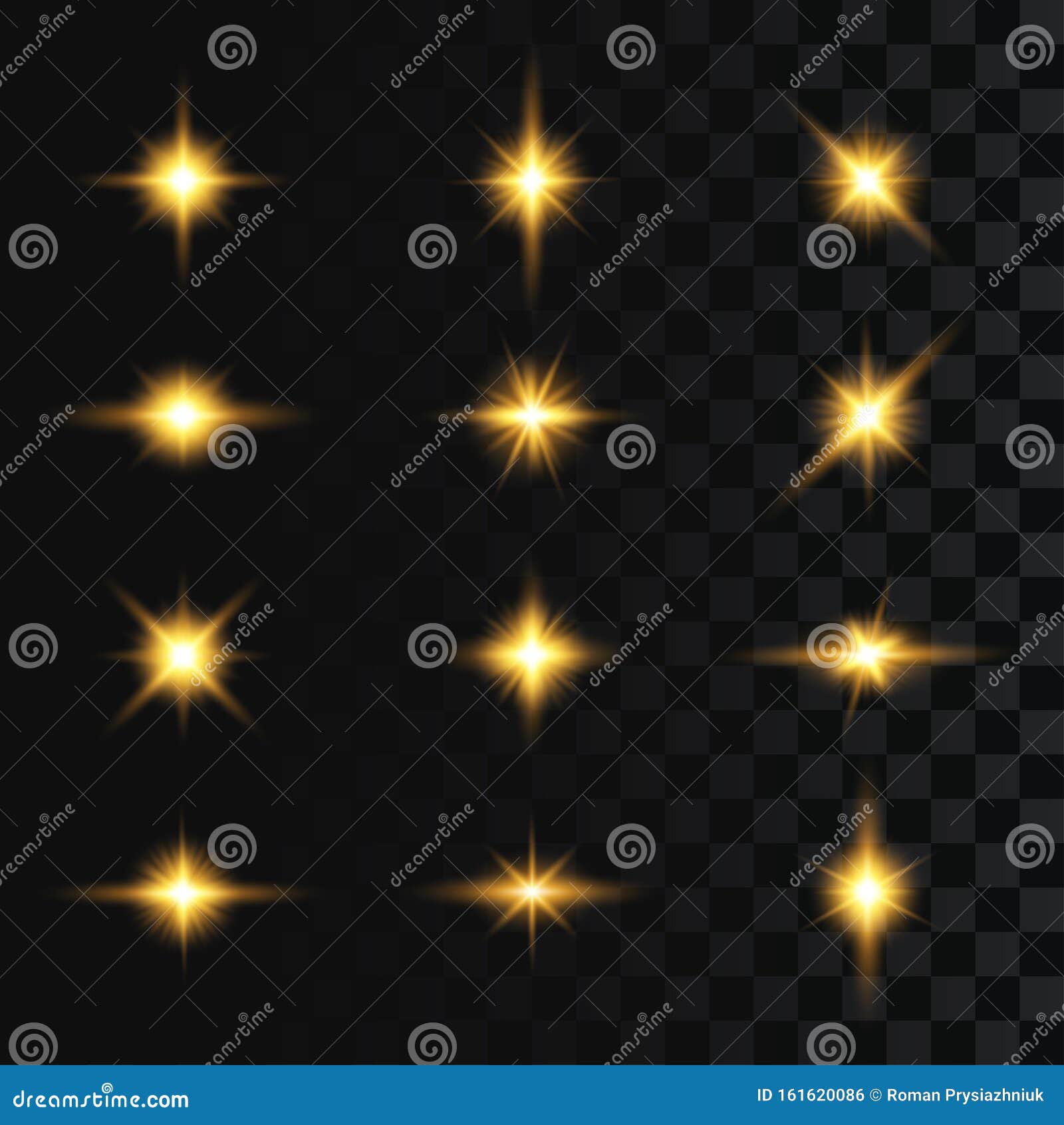 set of flashes, star burst and sparkles on transparent background. light effect, golden glowing flash with gold rays and lights.